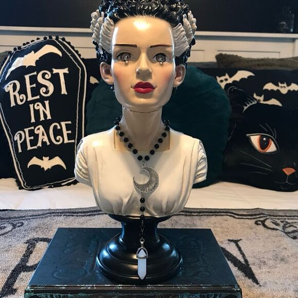 Gothic Black Bead Necklace, Silver Tone Moon, White Crystal, Long Length - Picture 2 of 6